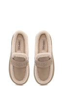 Woman Beige Thick-Soled Fur-Lined Suede Teddy Slipper | Derimod