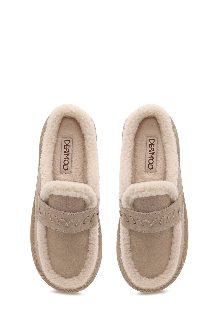 Woman Beige Thick-Soled Fur-Lined Suede Teddy Slipper