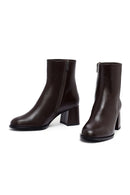 Woman Brown Zip Closure Chunky Heeled Leather Boots | Derimod