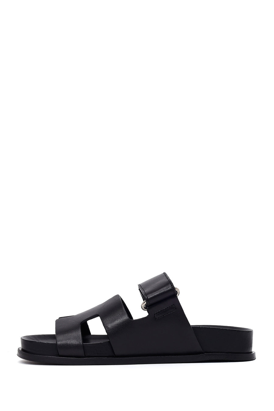 Woman Black Strap Thick Sole Leather Slipper