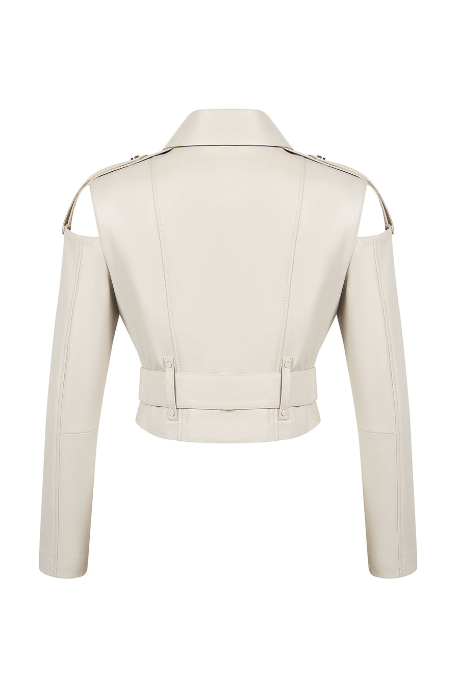 Avanti Woman Beige Off-Shoulder Short Biker Leather Jacket