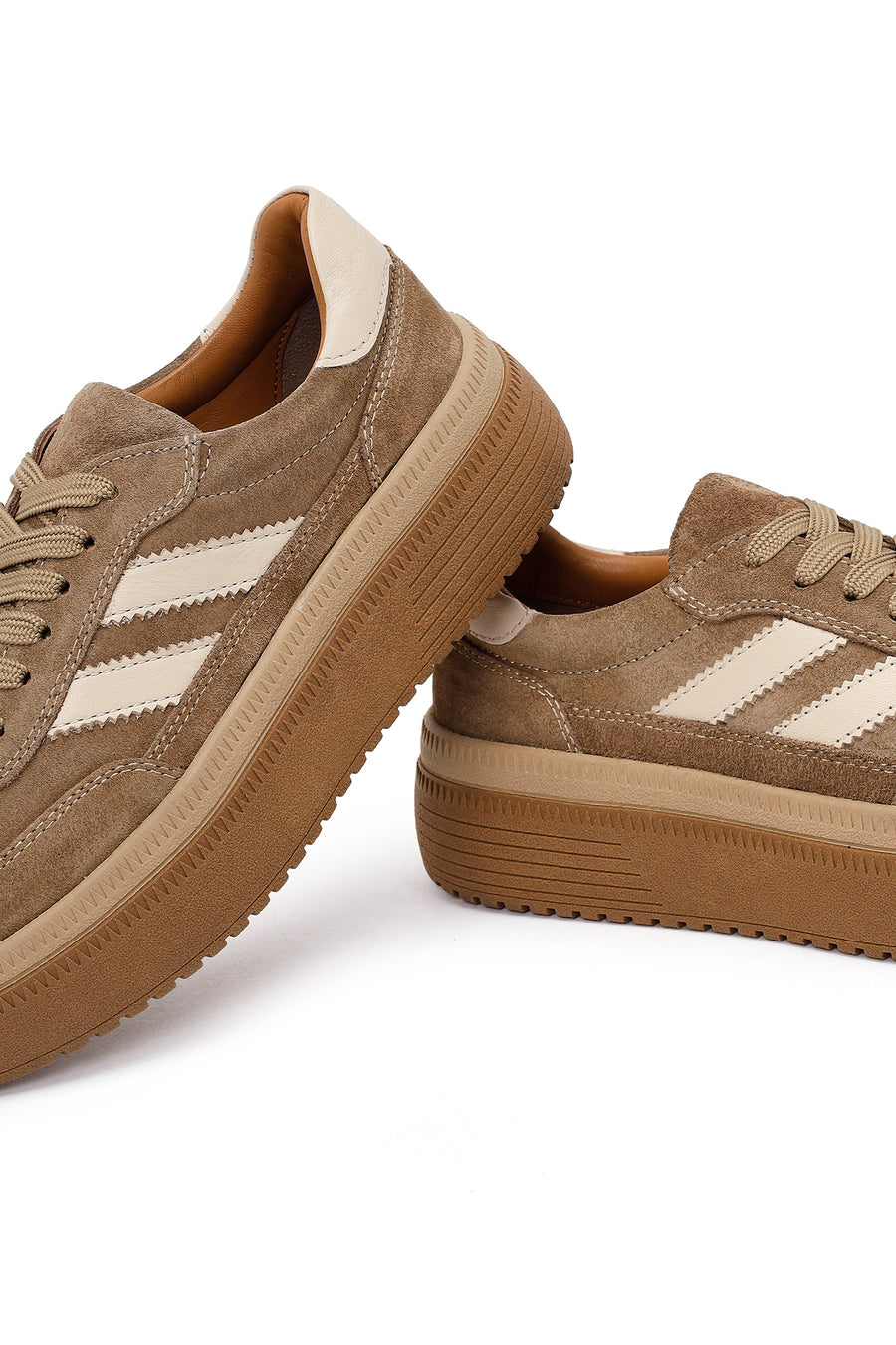 Woman Tan Lace-Up Thick-Soled Suede Leather Sneaker