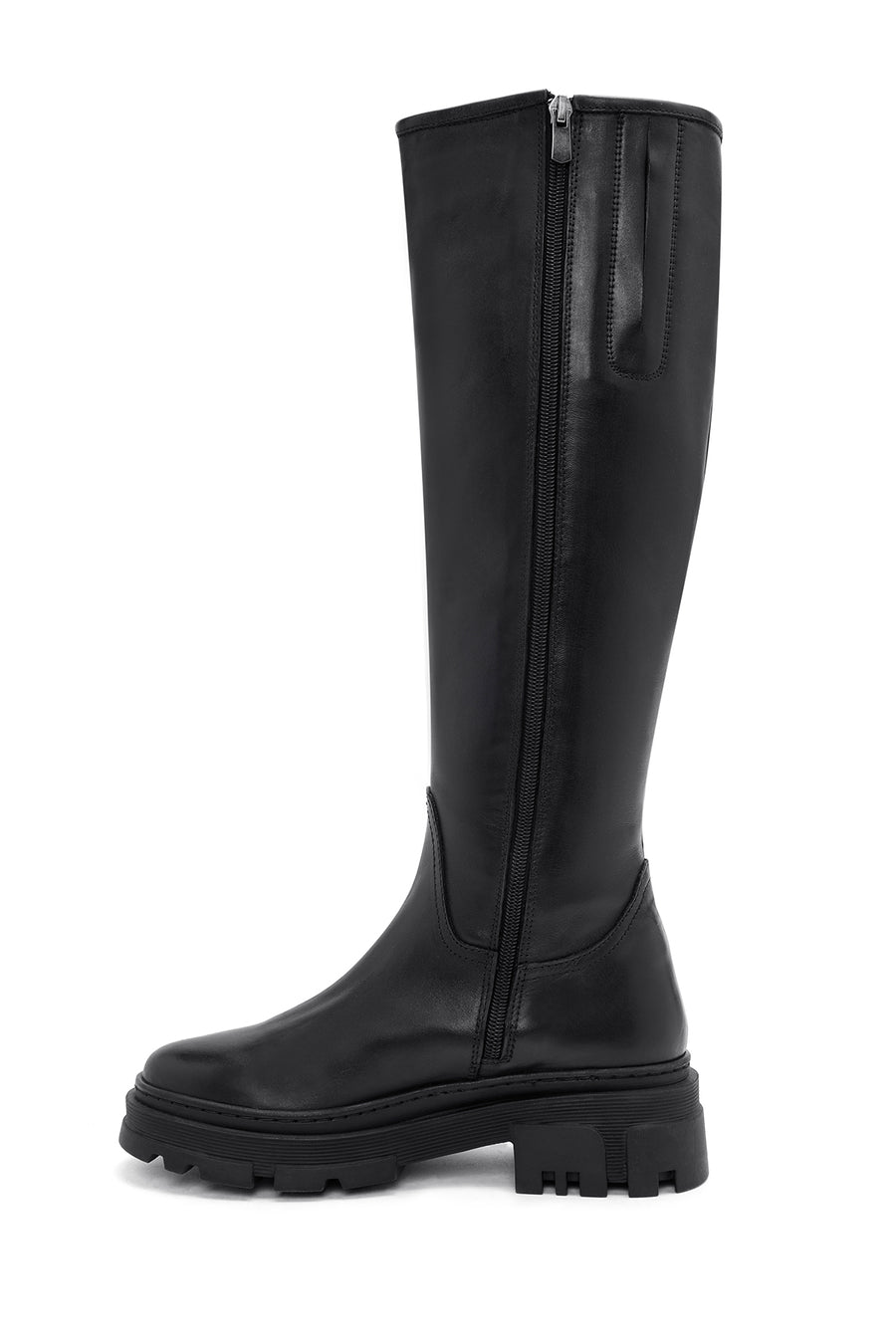 Woman Black Zippered Thick Sole Leather Boot