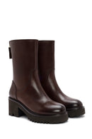 Women's Brown Double Zipper Thick Heel Leather Boots | Derimod