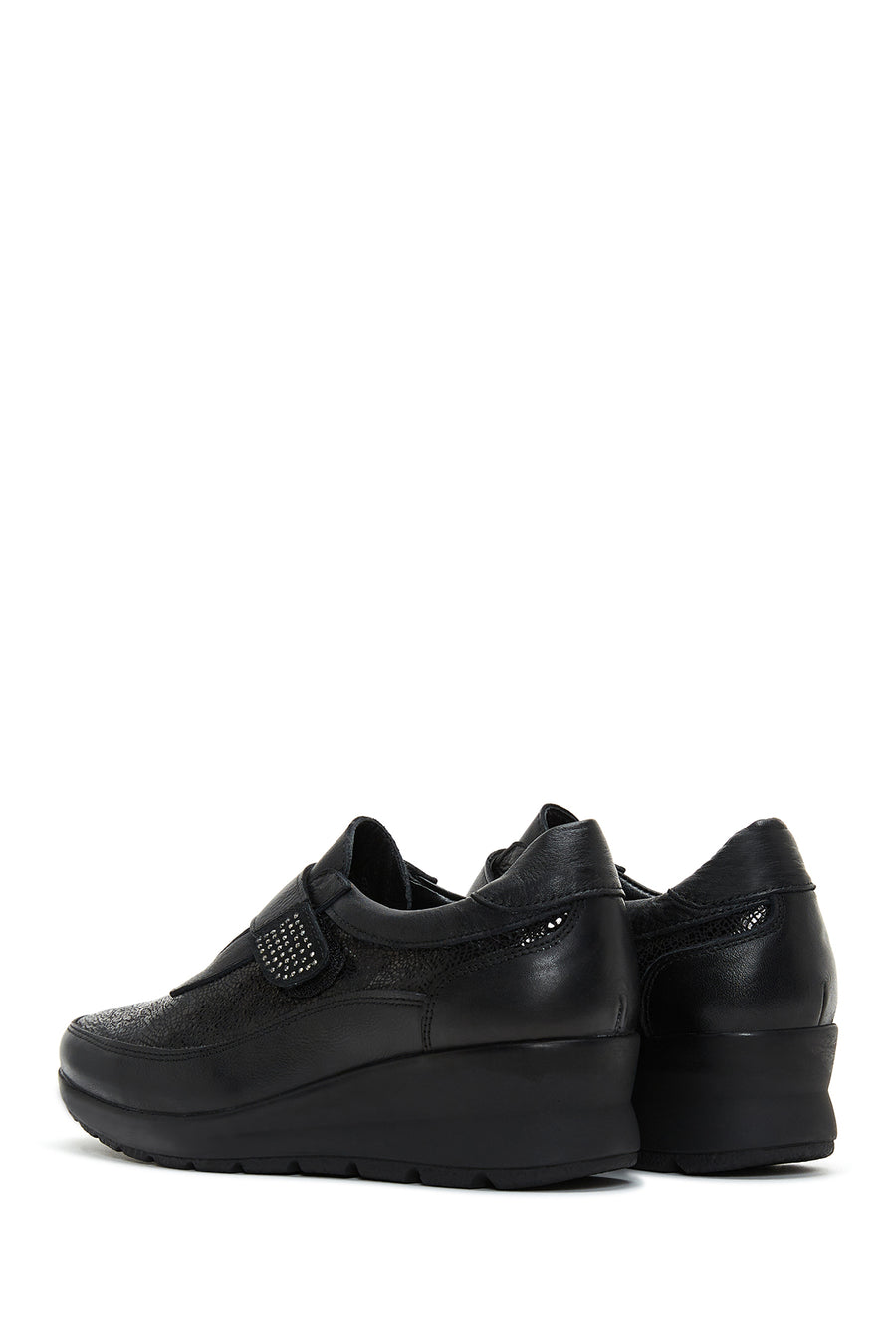 Women's Black Leather Wedge Heeled Comfort Shoes