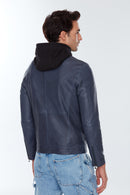 Towns Men's Blue Hooded Slim-Fit Sports Leather Jacket | Derimod