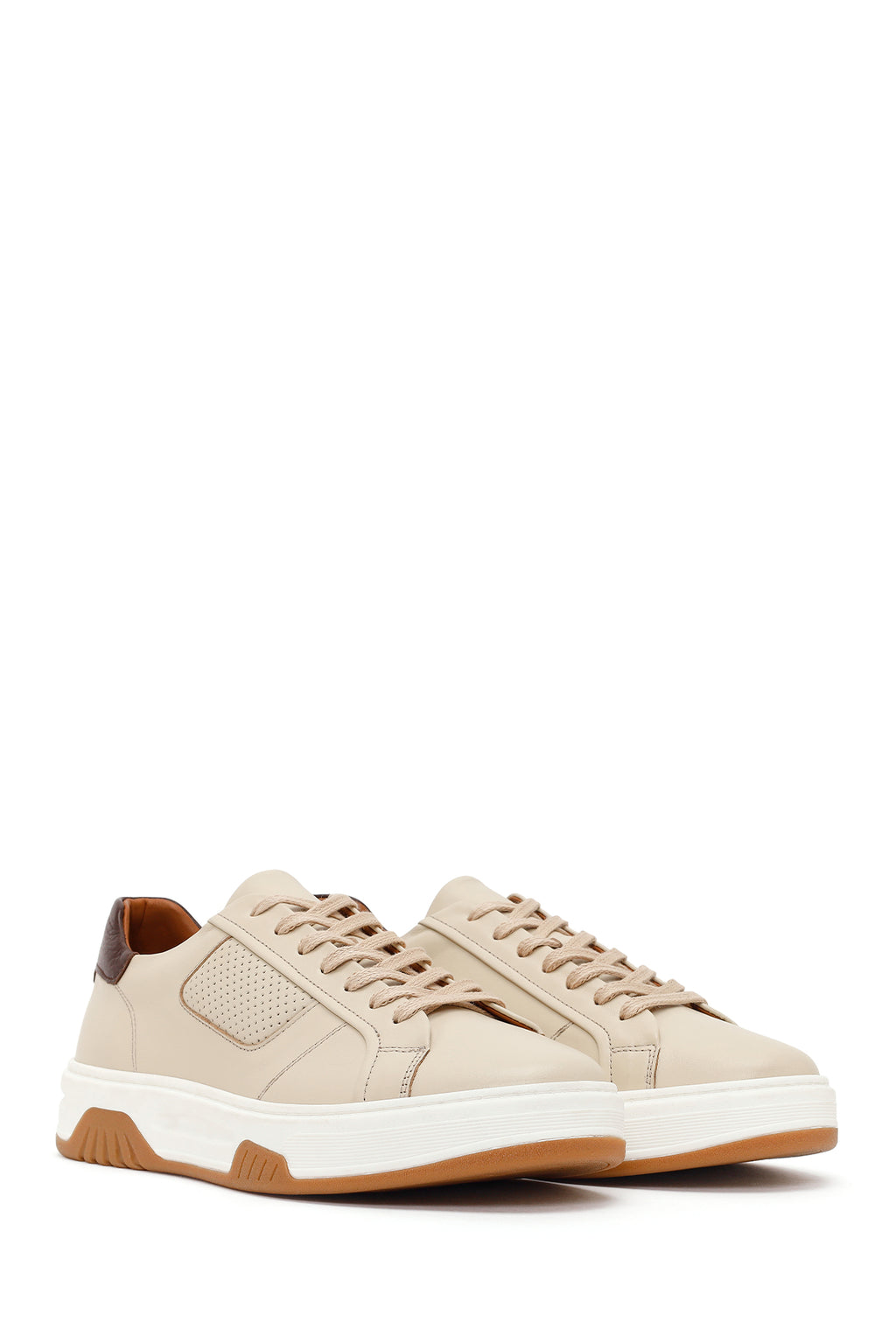 Erkek Bej Kalın Tabanlı Bağcıklı Deri Sneaker