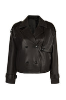 April Woman Black Short Oversize Leather Jacket | Derimod