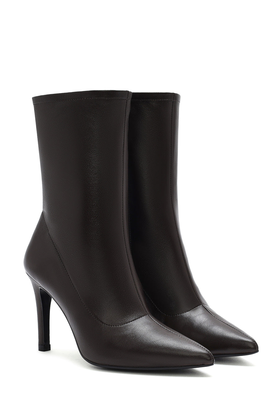 Women's Brown Zippered Thin Heel Leather Boots