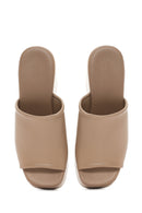 Women's Beige Wedge Heeled Leather Slippers | Derimod