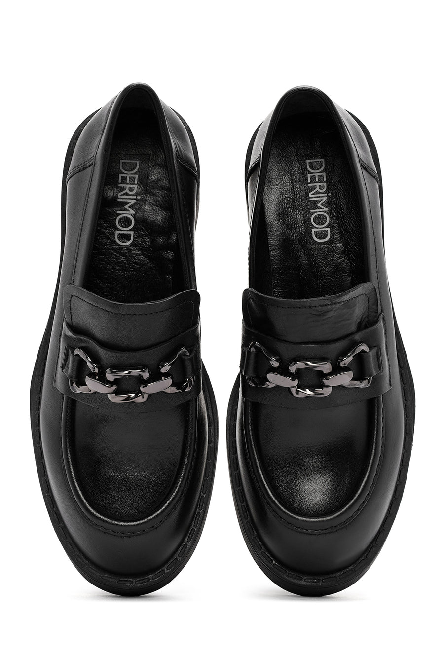 Kadın Siyah Kalın Topuklu Deri Maskülen Loafer