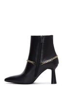 Women's Black Leather Zippered Chain Heeled Classic Boots | Derimod