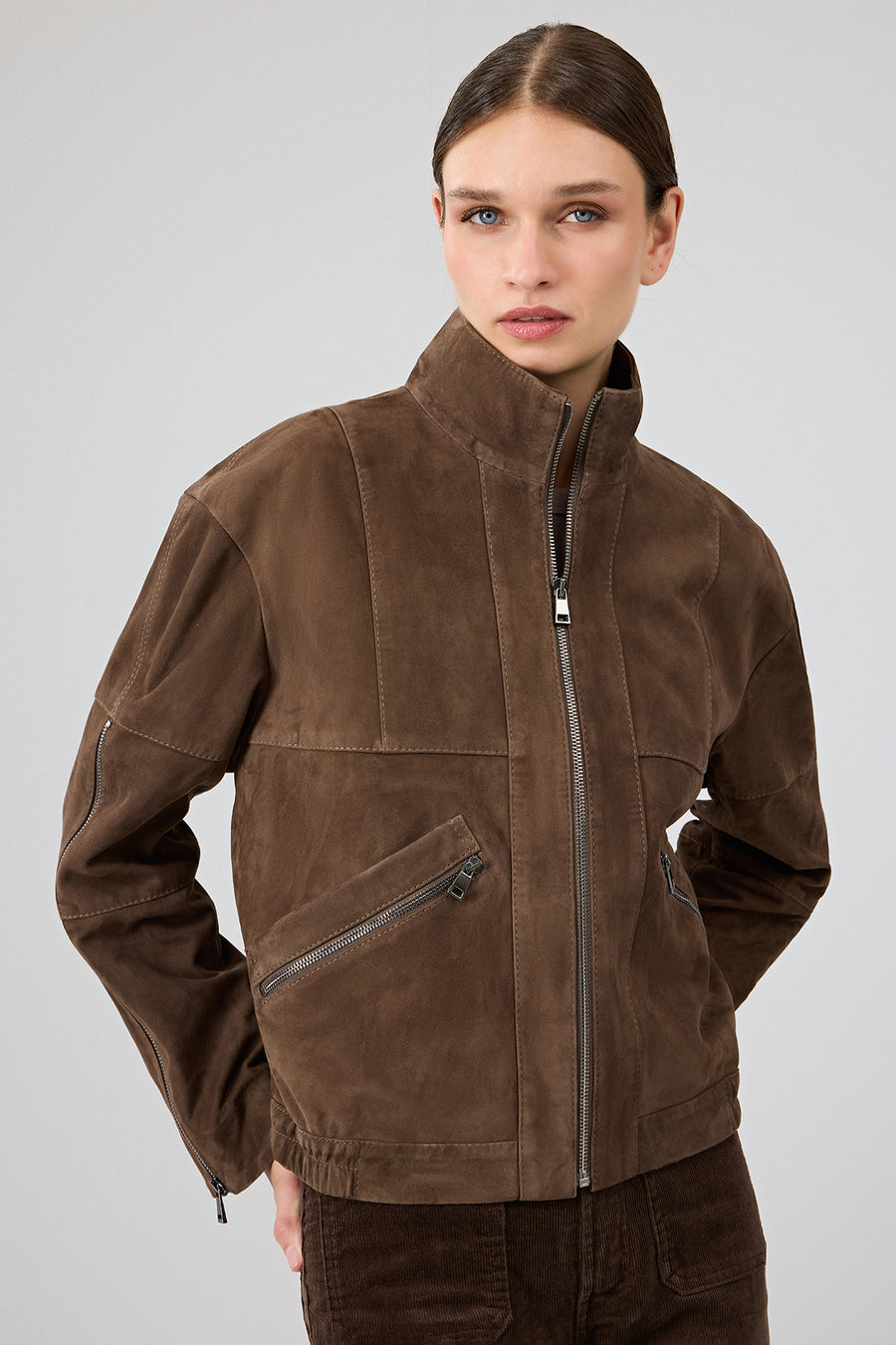 Gina Women's Brown Stand Collar Oversize Short Suede Leather Jacket