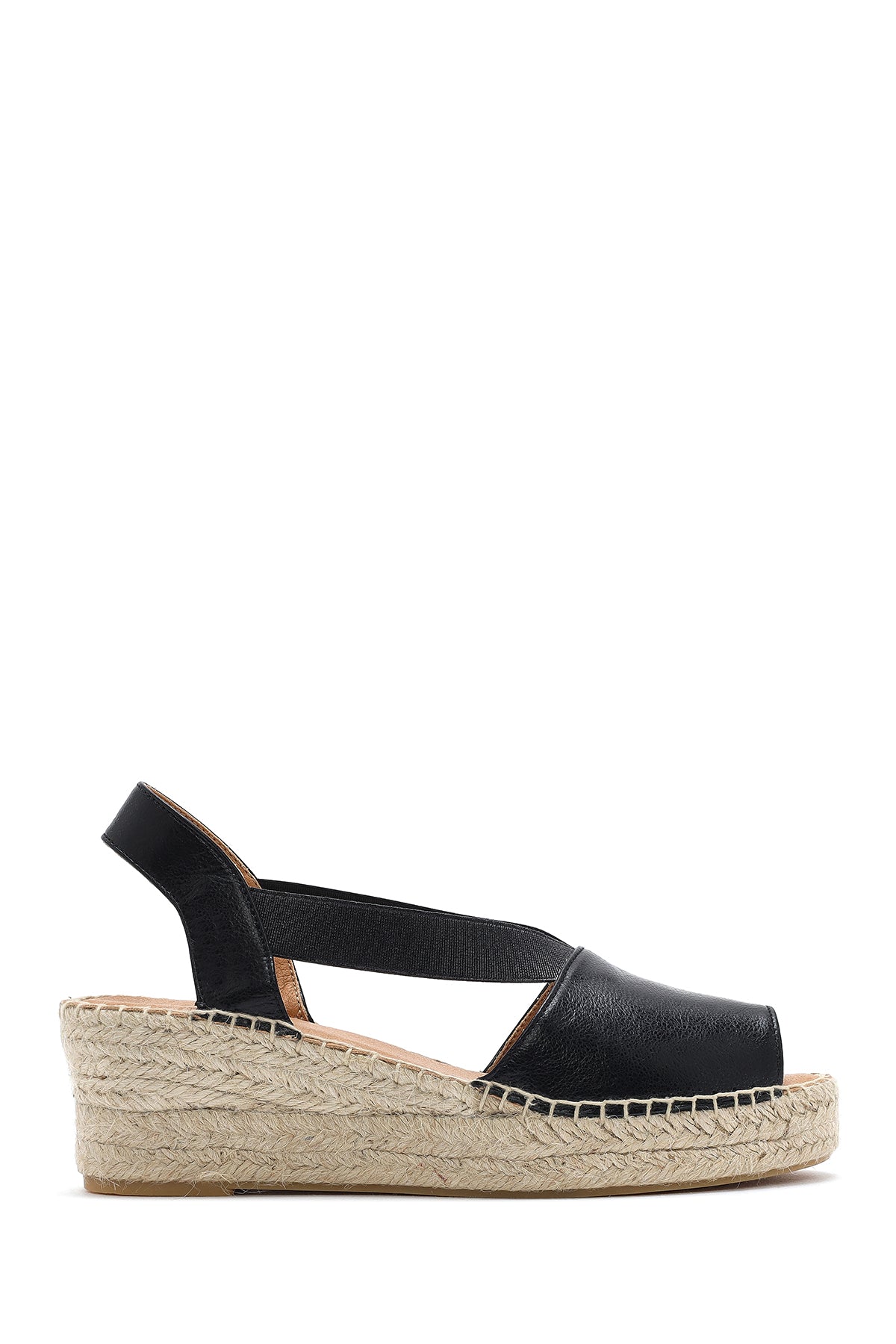 Kadın Siyah Dolgu Topuklu Deri Espadril Sandalet