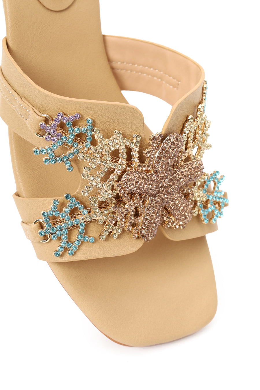 Woman Beige Embellished Thick Low Block-Heel Slipper