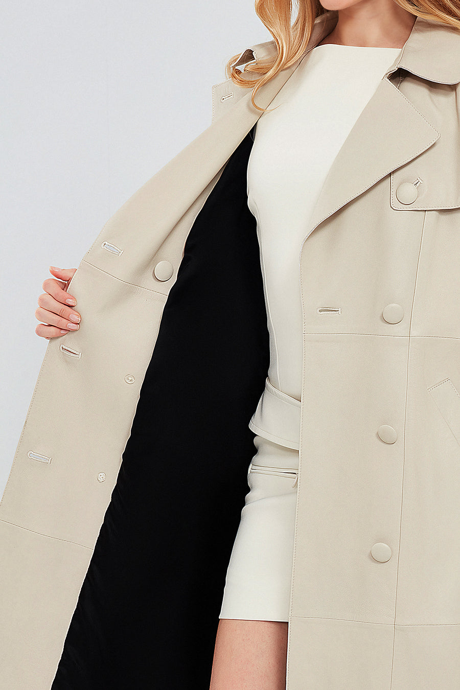 Fergie Women's Beige Long Leather Trench Coat