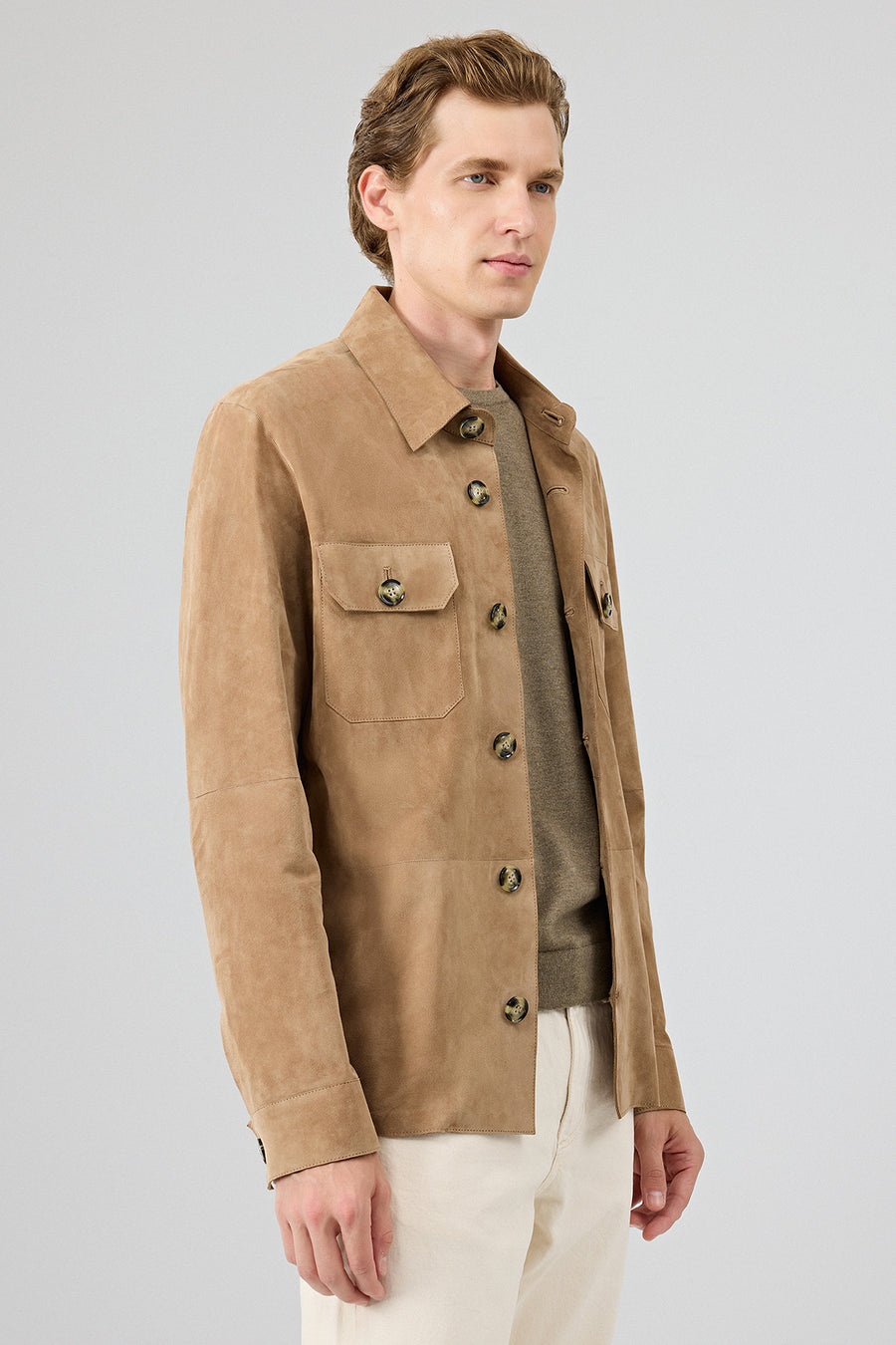 Osimhen Men's Beige Shirt Collar Suede Leather Jacket