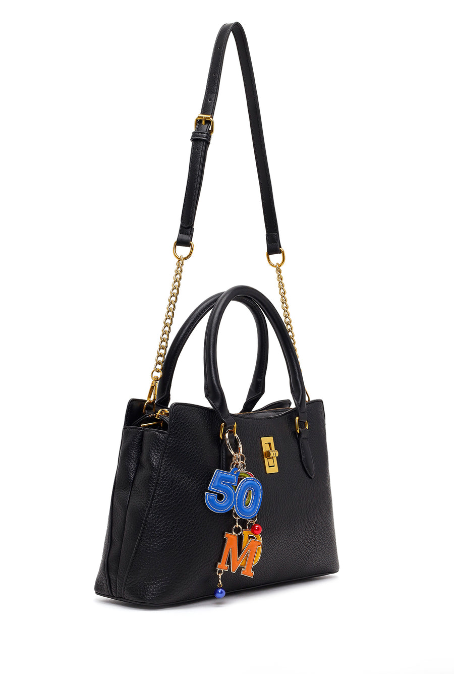 Woman Black Long-Strap Accessorized Shoulder Bag