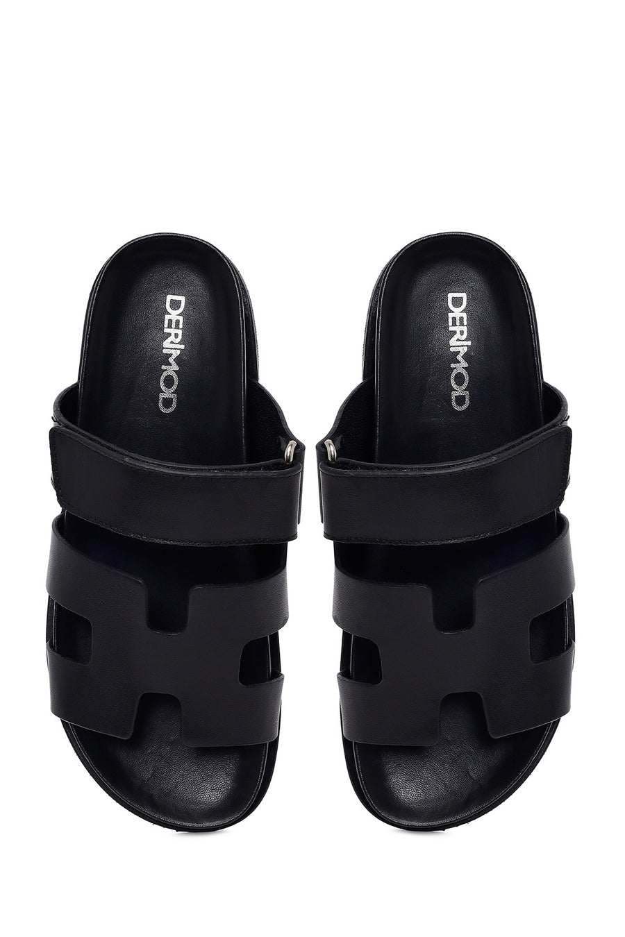 Woman Black Strap Thick Sole Leather Slipper