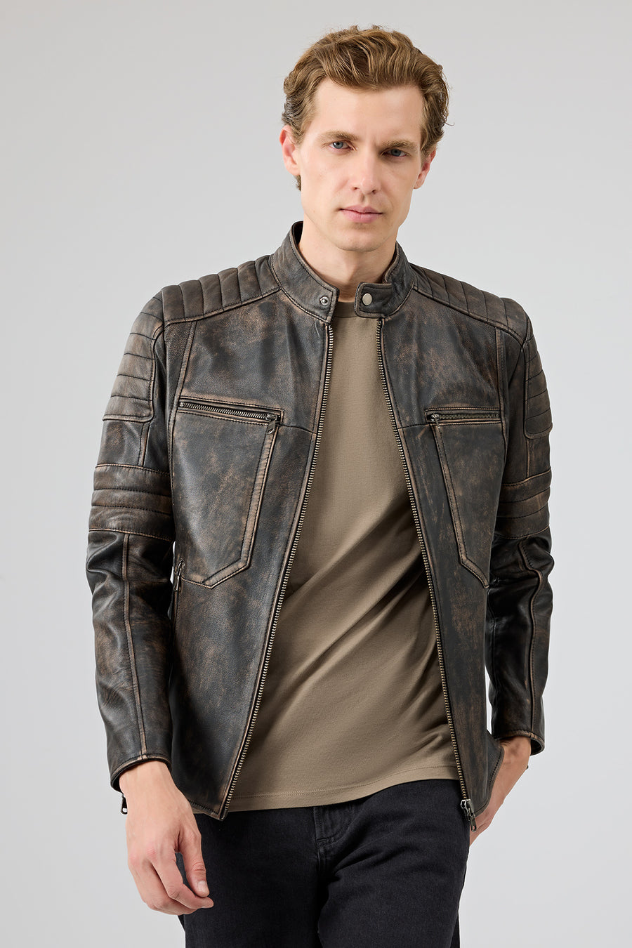 Morant Erkek Kahverengi Vintage Slim-Fit Deri Ceket