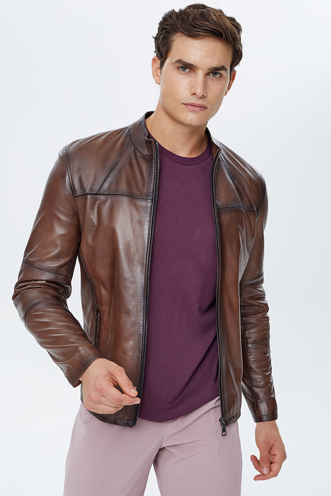 Neymar Men's Brown Leather Jacket 22WGD6402CS | Derimod