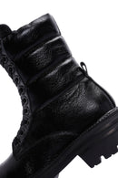 Women's Black Zipper Metallic Leather Combat Boots | Derimod