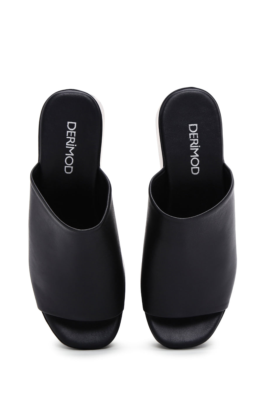 Women's Black Wedge Heeled Leather Slippers