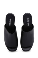 Women's Black Leather Wedge Heel Slippers | Derimod