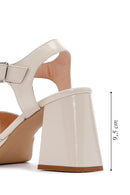 Women's Beige Patent Leather Thick Heeled Sandals | Derimod