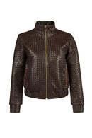 Della Woman Brown Woven-Pattern Short Leather Jacket | Derimod