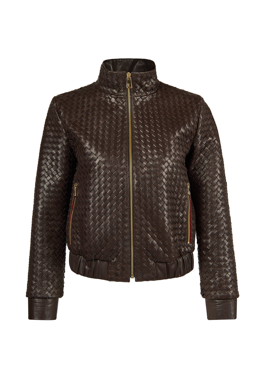Della Woman Brown Woven-Pattern Short Leather Jacket