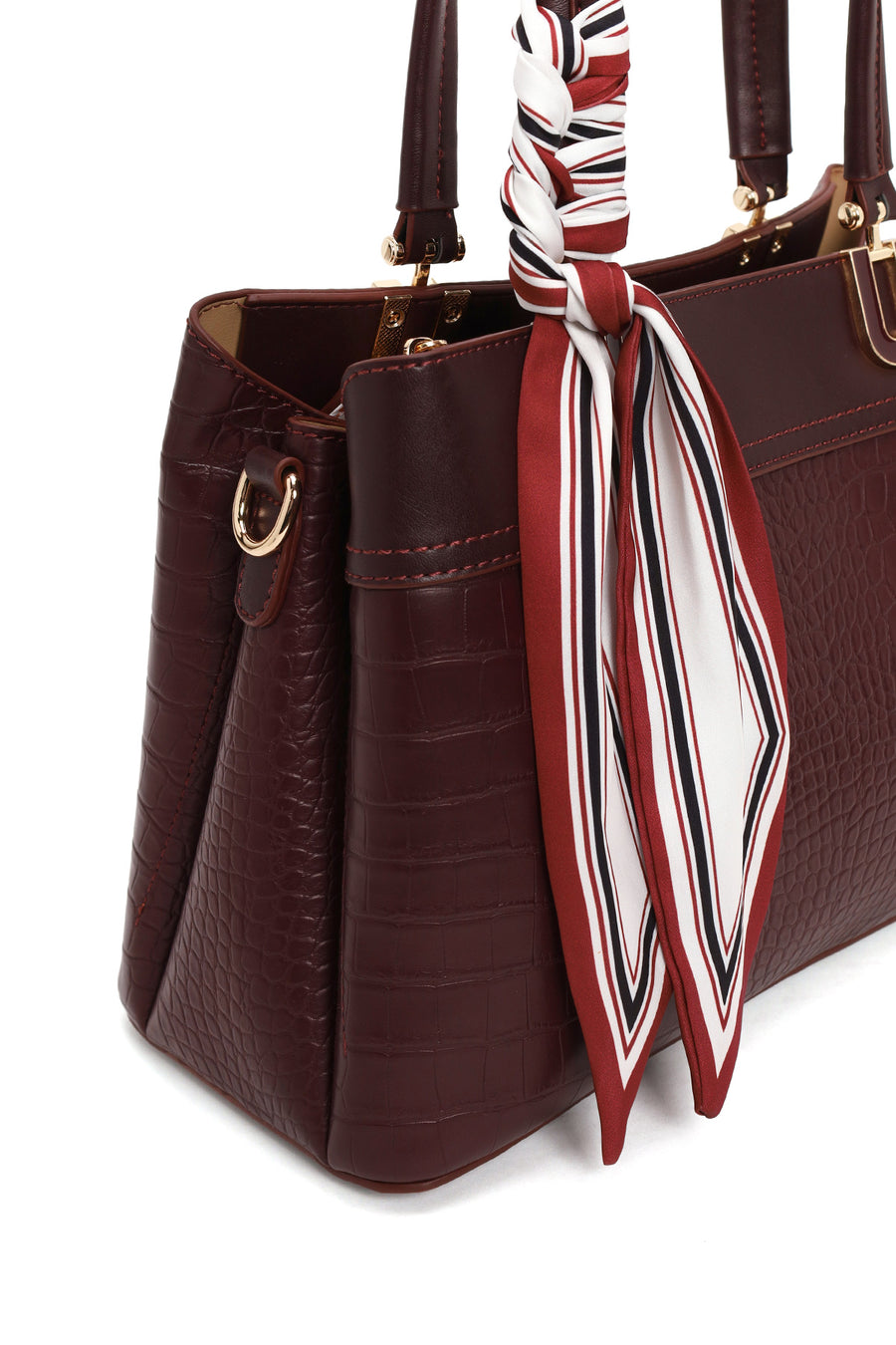 Woman Burgundy Long-Strap Accessorized Croc-Embossed Shoulder Bag