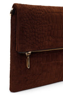 Woman Brown Printed Suede Clutch Bag with Long Chain Strap | Derimod