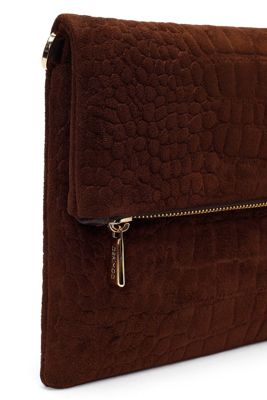 Woman Brown Printed Suede Clutch Bag with Long Chain Strap
