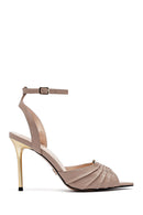 Women's Beige Ankle Buckle Thin Heel Leather Sandals | Derimod