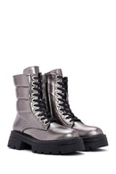 Women's Grey Zippered Metallic Leather Combat Boots | Derimod