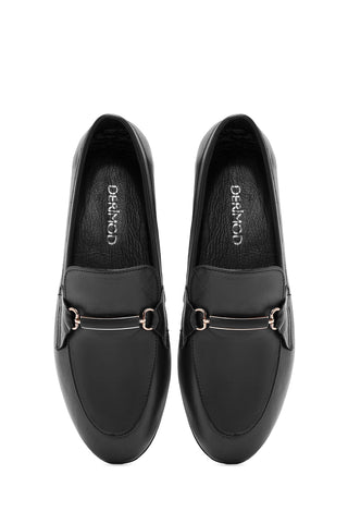 Kadın Siyah Toka Detaylı Deri Maskülen Loafer