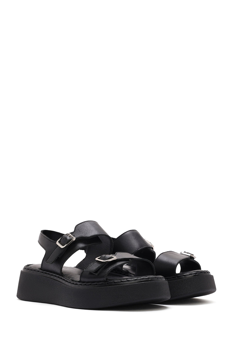 Women's Black Buckled Thick Soled Leather Comfort Sandals
