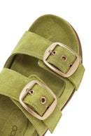 Women's Green Buckle Suede Leather Slippers | Derimod