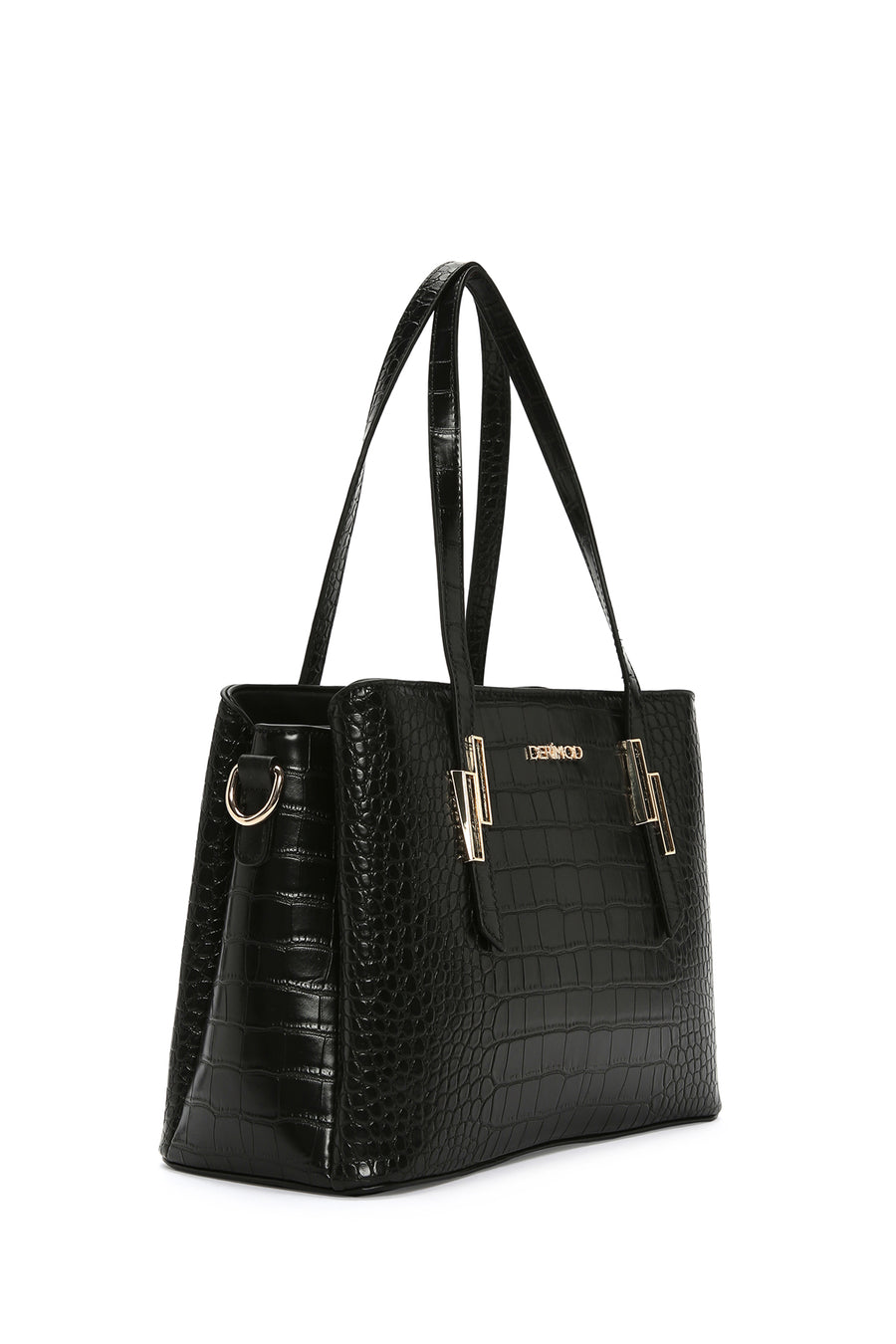 Woman Black Long-Strap Crocodile-Embossed Shoulder Bag