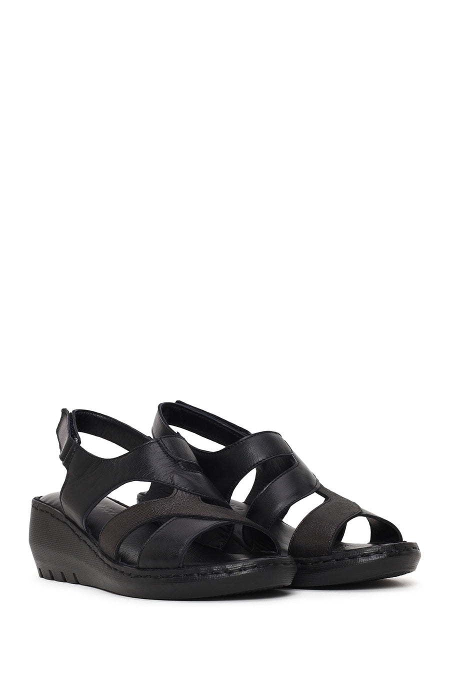 Woman Black Wedge Heel Leather Comfort Sandal