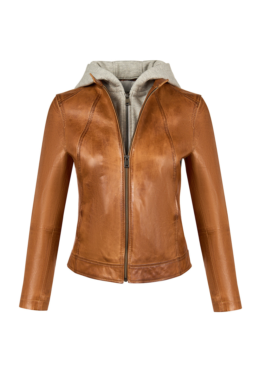 Magic Woman Brown Hooded Short Sport Leather Jacket