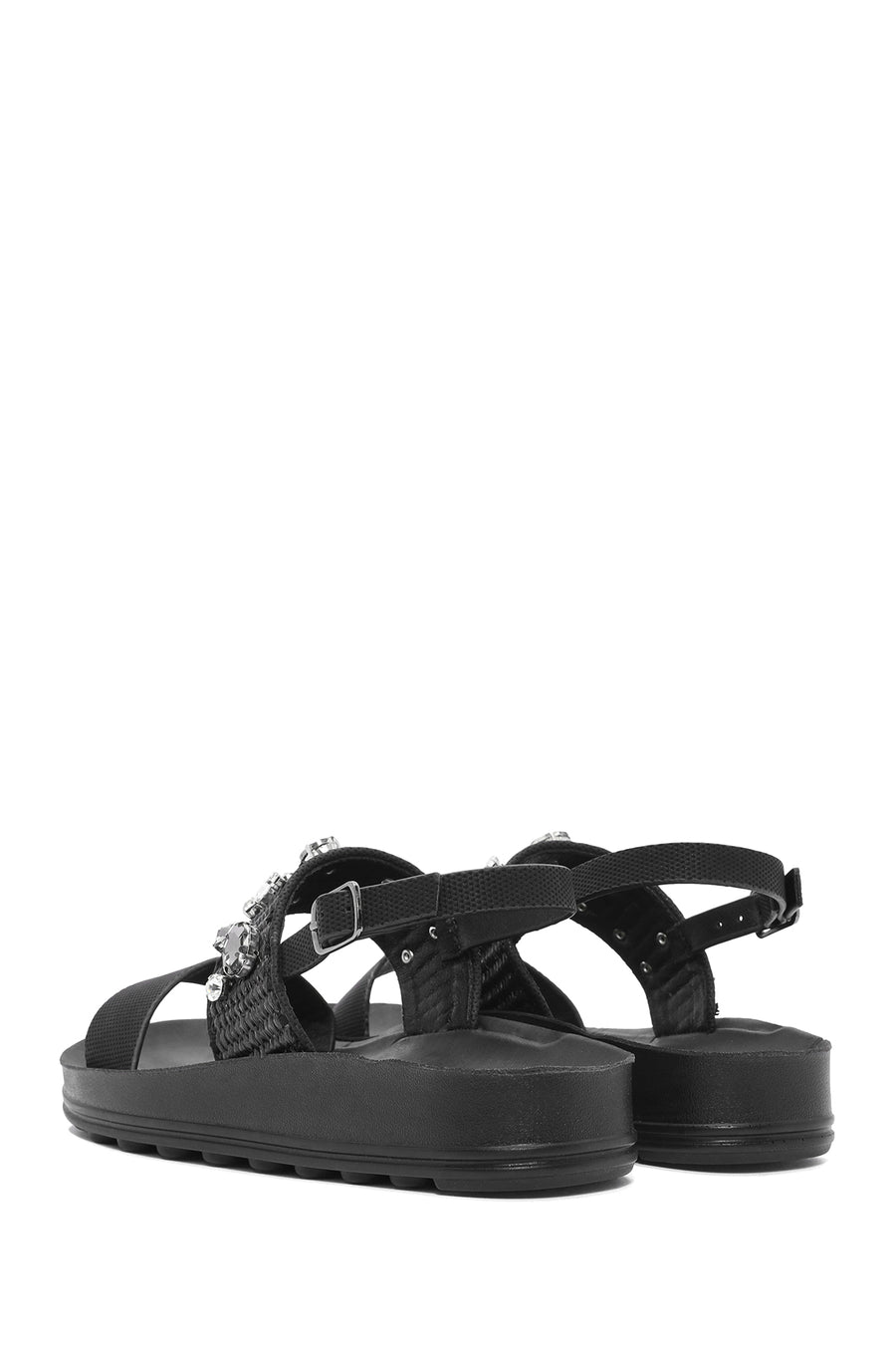 Women's Black Thick Soled Stoned Sandals