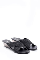 Women's Black Stone Wedge Heel Open Back Slippers | Derimod