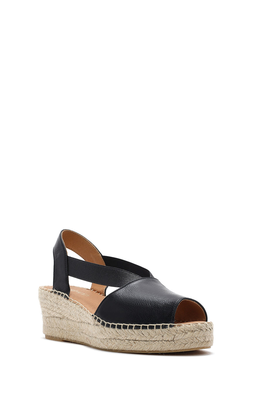 Women's Black Wedge Heeled Leather Espadrille Sandals