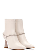 Women's Beige Leather Zippered Chain Heeled Classic Boots | Derimod