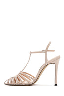 Women's Beige Ankle Strap Thin Heeled Patent Leather Sandals | Derimod