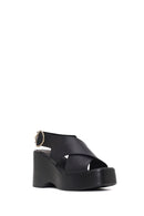 Woman Black Back Buckle Wedge Heel Leather Sandals | Derimod