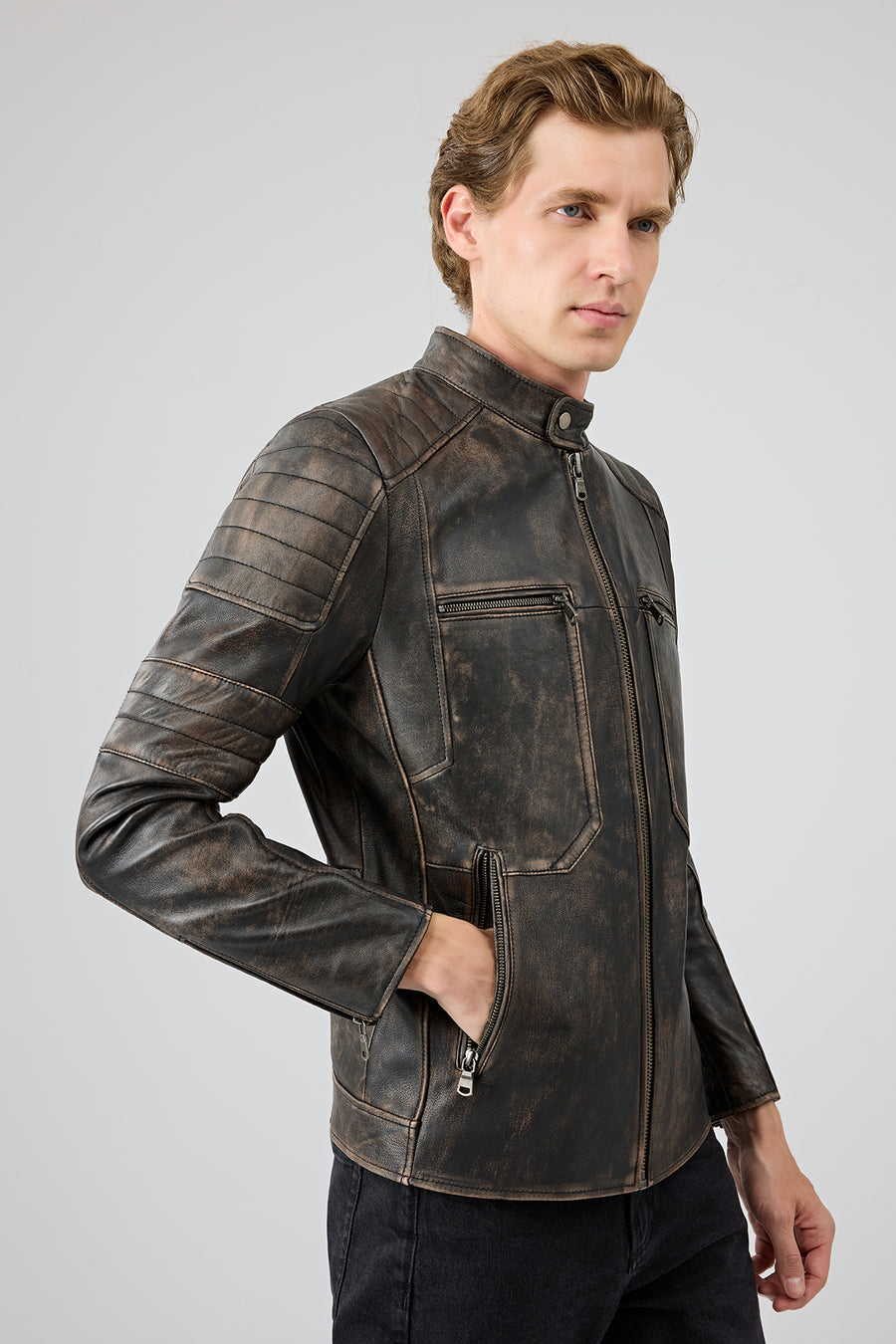 Morant Erkek Kahverengi Vintage Slim-Fit Deri Ceket