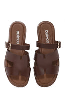 Women's Brown Buckled Leather Slippers | Derimod